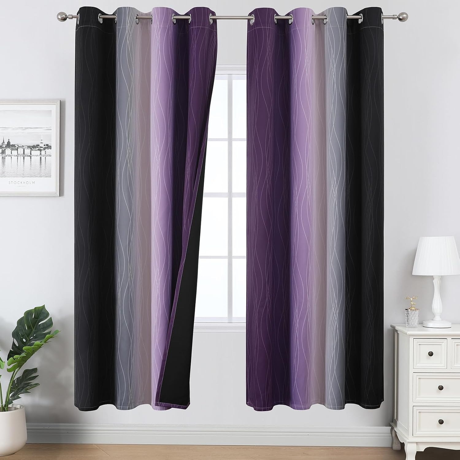 Estelartextiler Estelar Textiler Purple and Black Blackout Curtains for Living Room, Full Room Darkening Grommet Ombre Curtains for Bedroom…