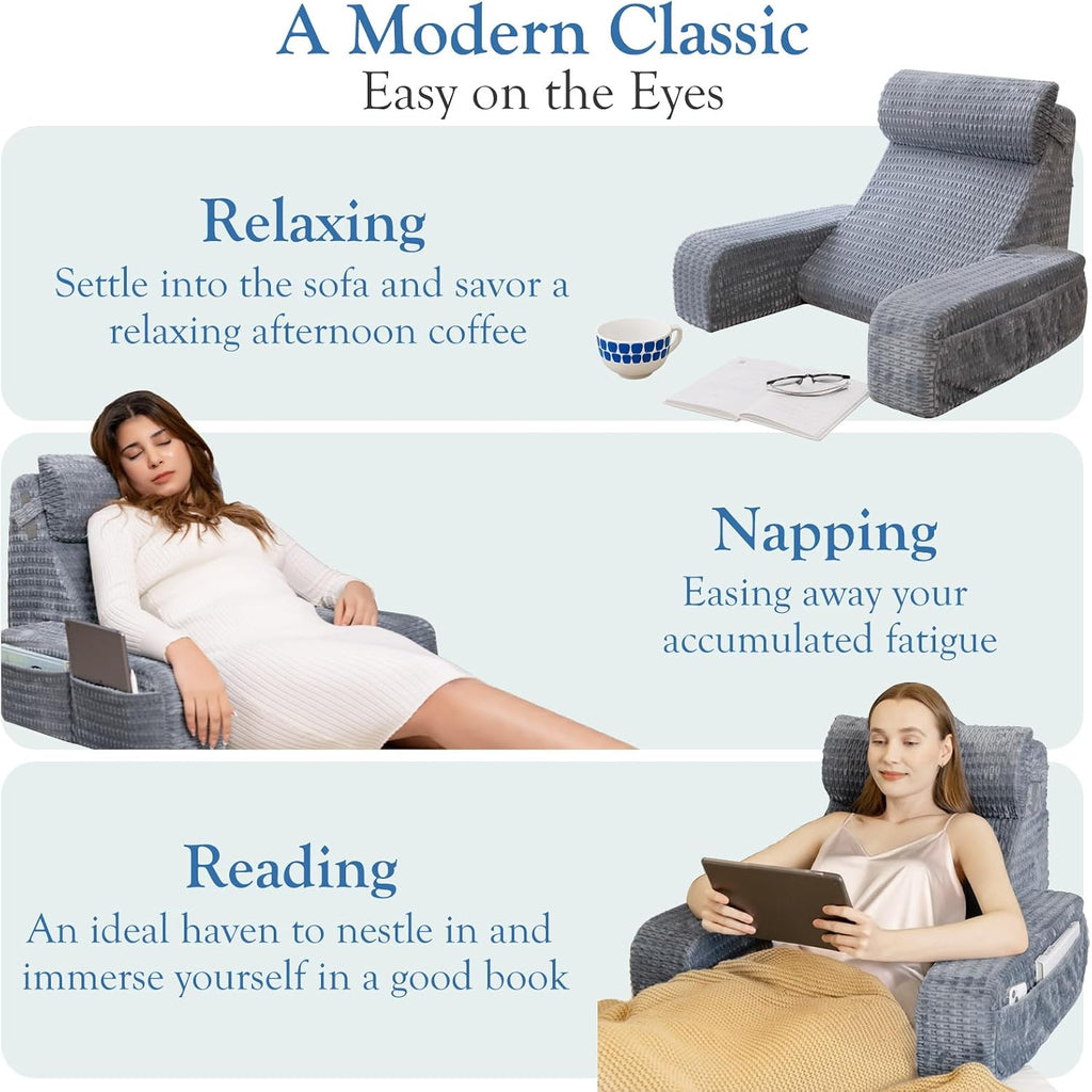 Reading Pillow for Bed, 19" Back Pillow for Bed Sitting up, Big Pockets & Built-in Arms, Backrest Cushion, Wedge Support for…