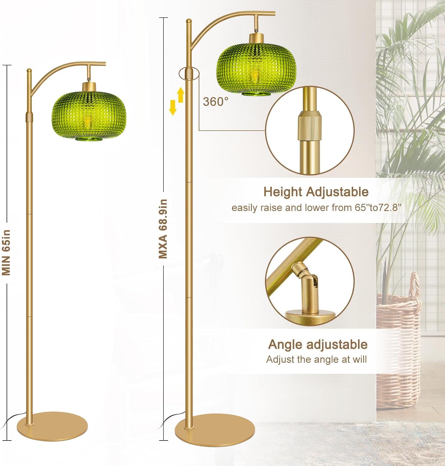 Modern Floor Lamp for Living Room, Mid Century Tall Standing Lamp Green Glass Lamp Shade, Dimmable Gold Tall Pole Lamp for Bedroom Office…