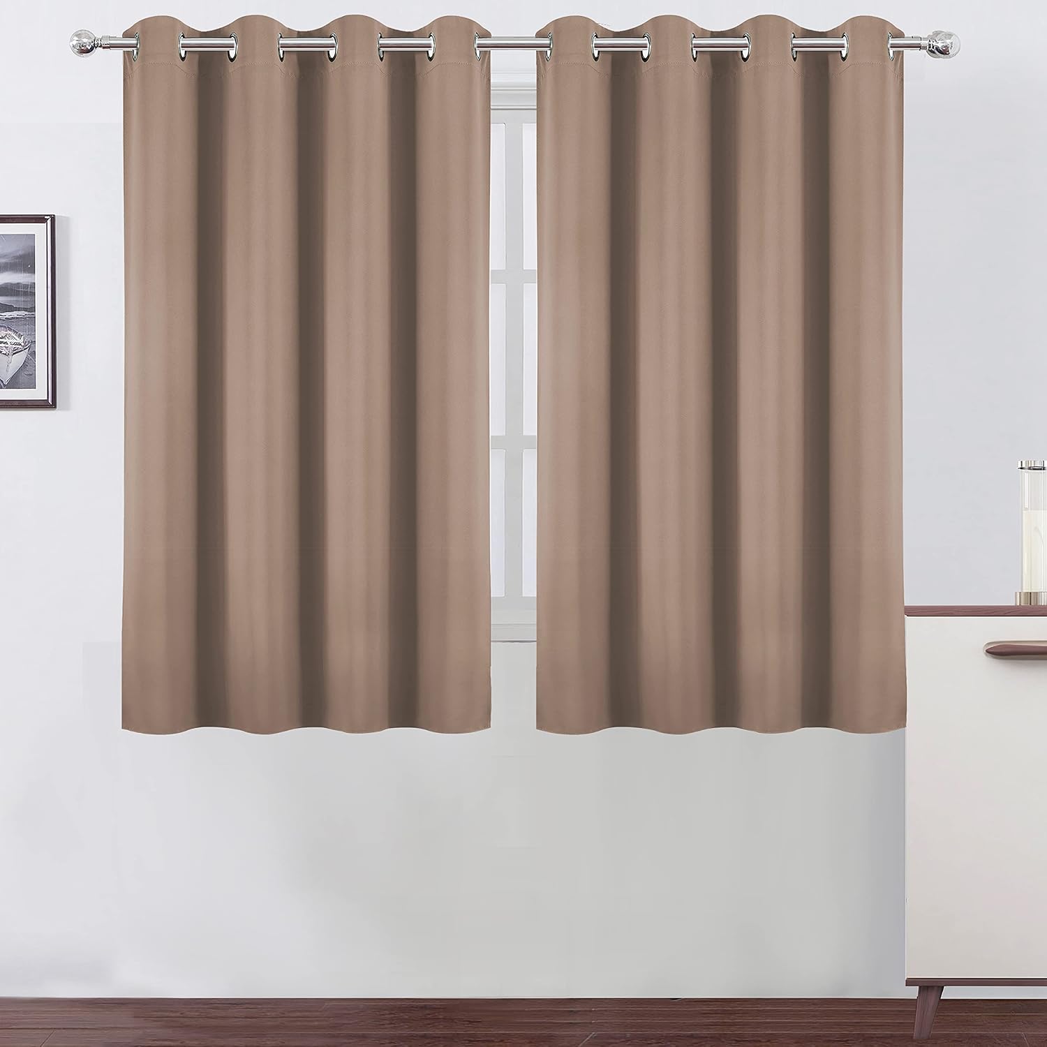 Lemomo Cappuccino Blackout Curtains/52 x 45 Inch Length Set of 2 Panels Grommet Short Bedroom Curtains 45 Inch silver