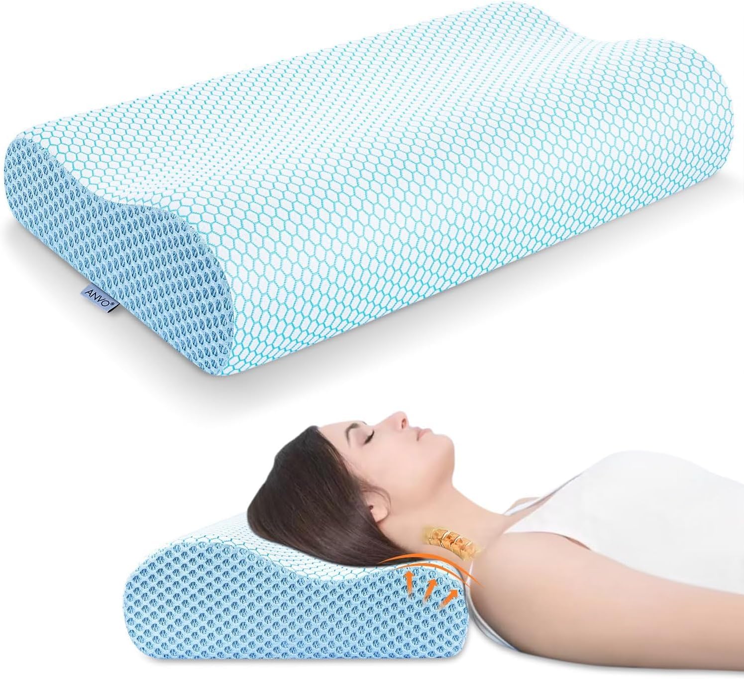 AnvoHome Anvo Memory Foam Pillow, Neck Contour Cervical Orthopedic Bed Pillow for Sleeping Side Back Stomach Sleeper, Ergonomic Design for…