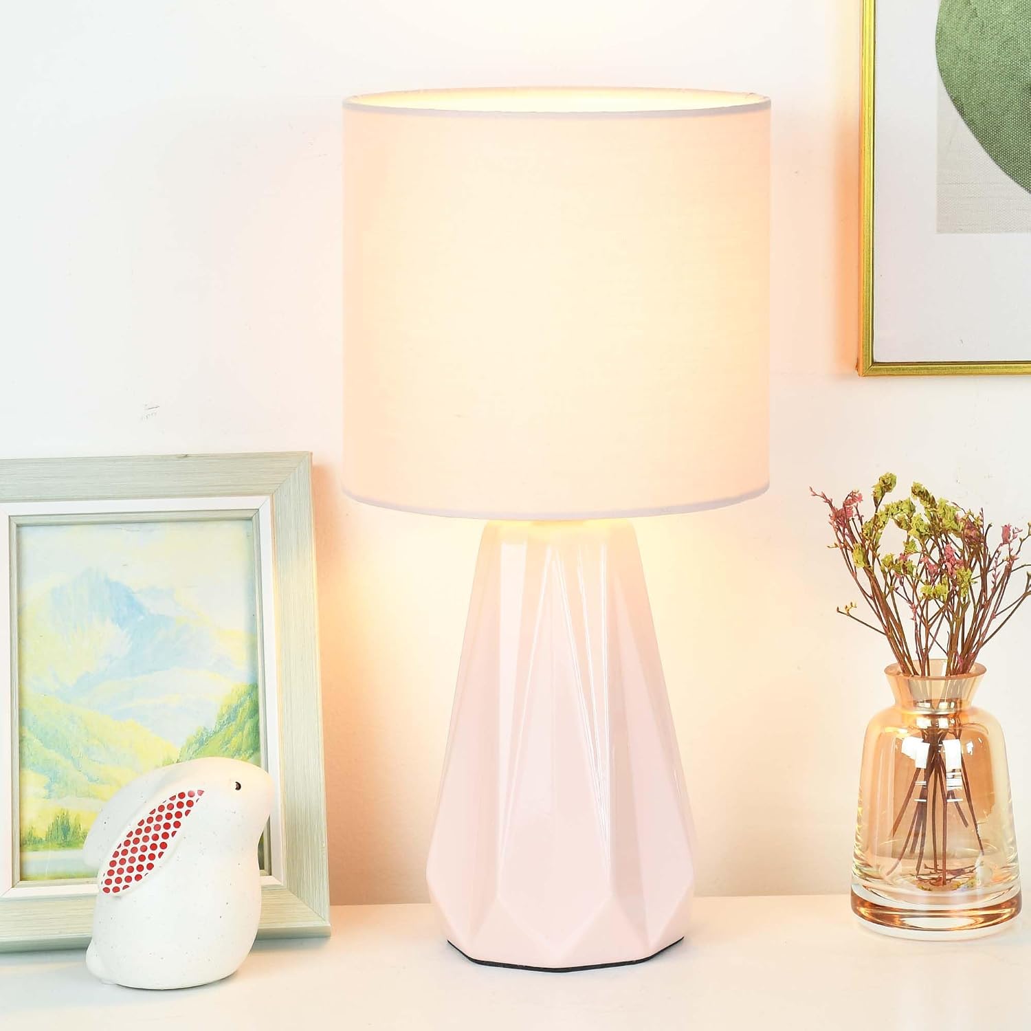 Elisa Light Pink Small Table Lamp for Living Room as Bedside Table Lamp for Bedroom, Modern Ceramic Kids Night Table…