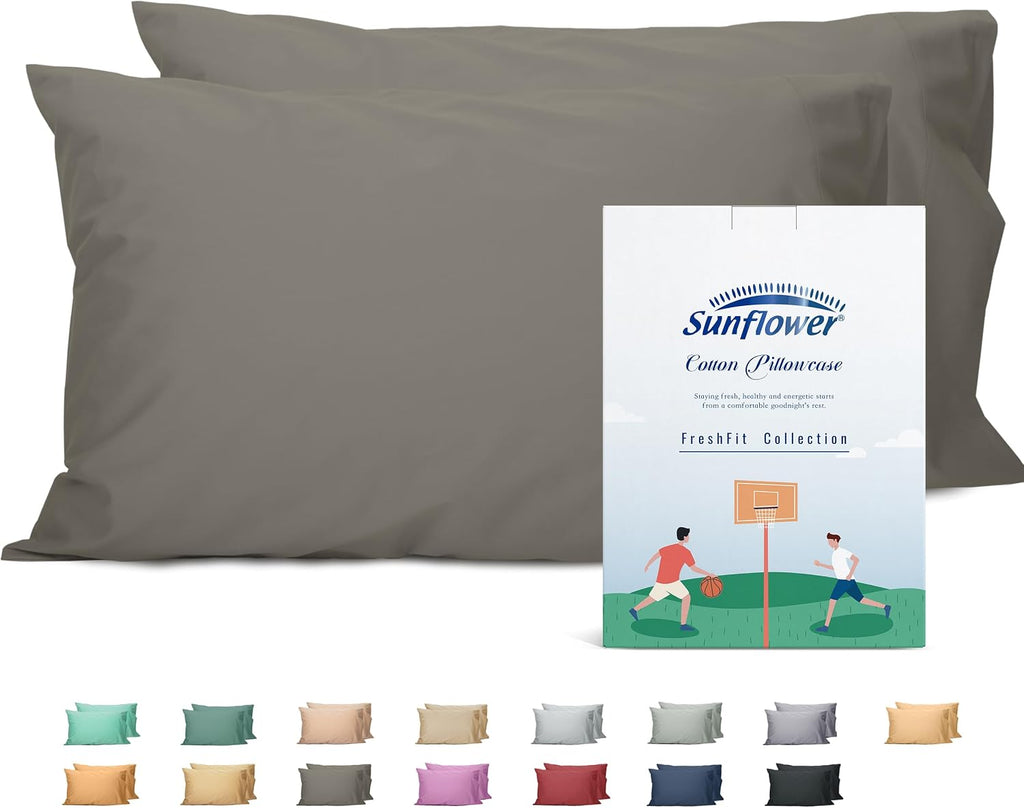 Sunflower Queen Pillowcases Set of 2, 100% Cotton Queen Size Pillow Cases 2, 20×30 inches Taupe Gray, Soft and Breathable