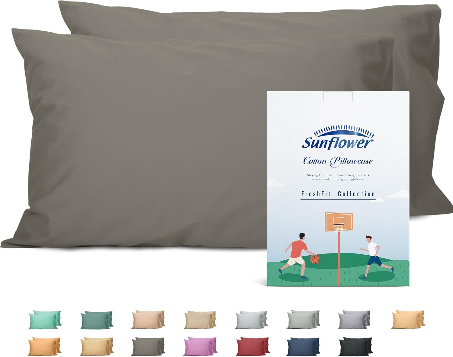 Sunflower Queen Pillowcases Set of 2, 100% Cotton Queen Size Pillow Cases 2, 20×30 inches Taupe Gray, Soft and Breathable