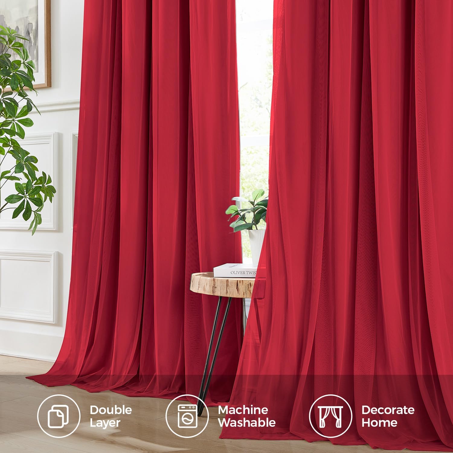 Swandream Blackout Curtains for Bedroom, Double Layer Red Curtains, Black Out Curtain 90 inch Long with Sheer Overlay for Living Room, Room…