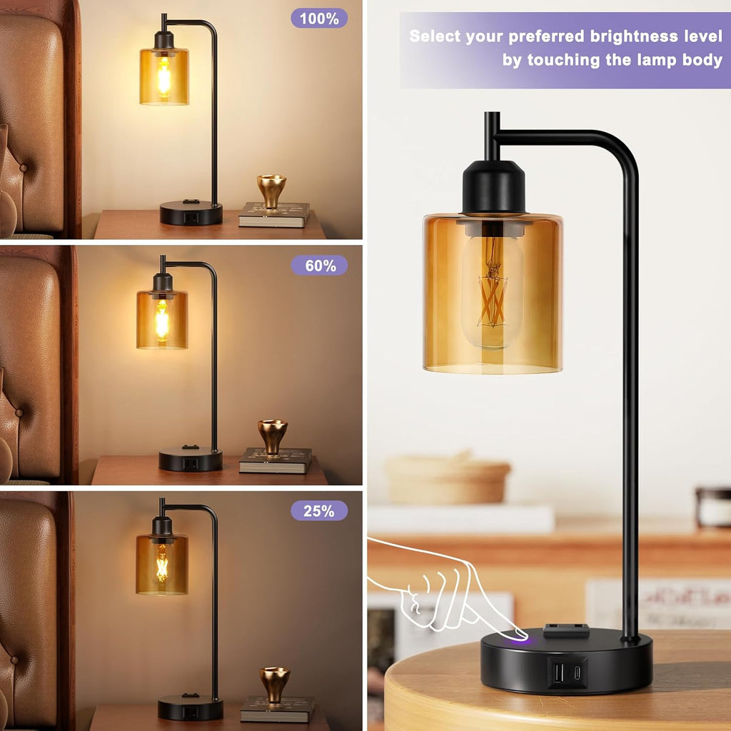 Industrial Touch Nightstand Lamps for Bedrooms Set of 2 - 3-Way Dimmable Table Lamps with USB C+A Ports and Outlet, Bedside Lamps with…