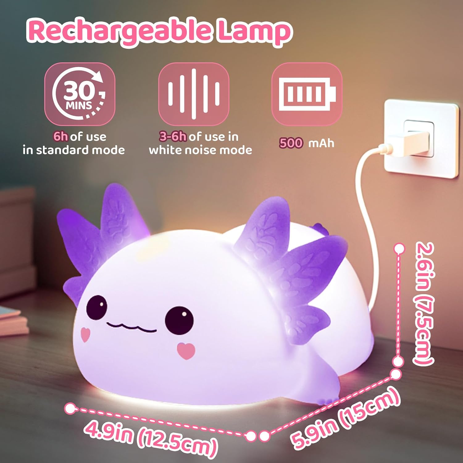 Mewaii Huggwaii Squishy Axolotl Night Light for Kids, Dimmable Silicone Kids Night Light with 4 White Noise, 2025 Upgraded Rechargeable…