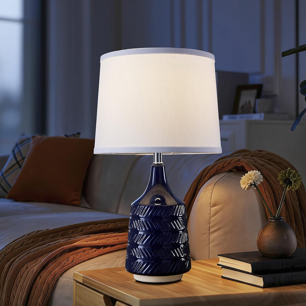 Dark Blue Ceramic Table Lamps Set of 2, 18.5" Modern Bedside Lamps for Night Stands, Classic Small Lamps for Living Room End Tables…