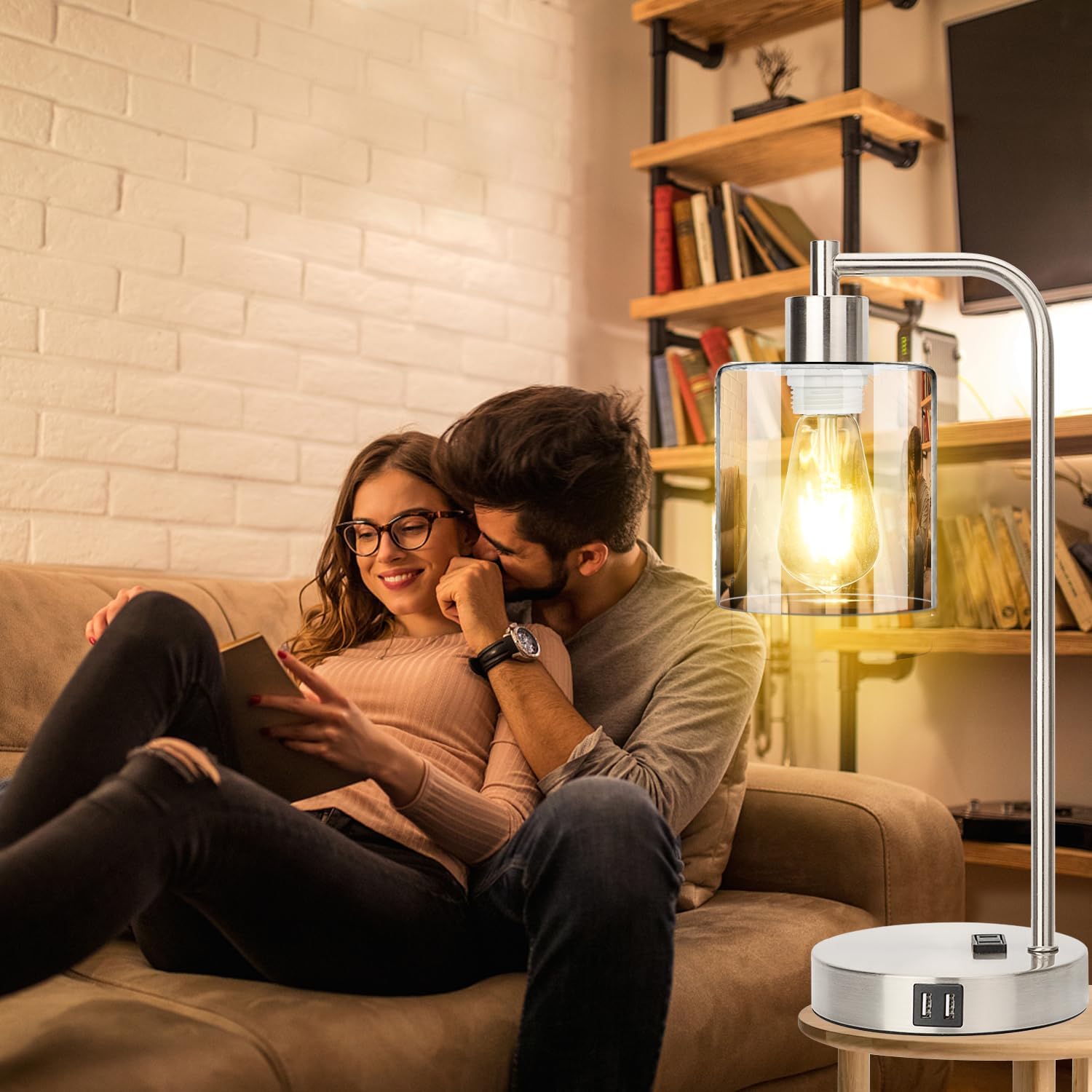 Industrial Touch Control Table Lamps Set of 2 - Brushed Nickel Nightstand Bedside Lamps with 2 USB Ports & AC Outlet, 3-Way Dimmable Desk…