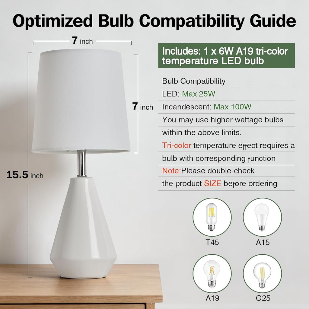 Small Bedside Table Lamp for Bedroom - Reading Desk Lamp with 3 Color Temperatures,15.5" Nightstand Ceramic Lamp with Fabric Shade for…