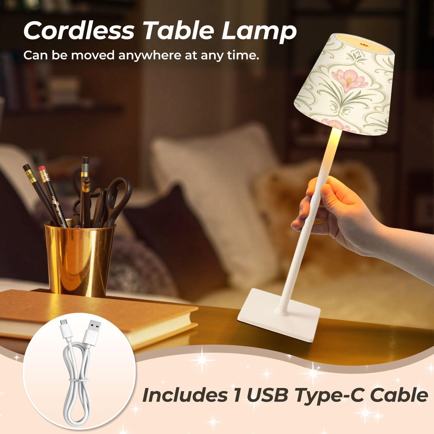 Cordless Mahjong Lamp Art Nouveau Floral Pink Yellow Crocus Flowers Cream Small LED Lamp 3 Color Dimmable Rechargeable Lamps for Mah Jong…