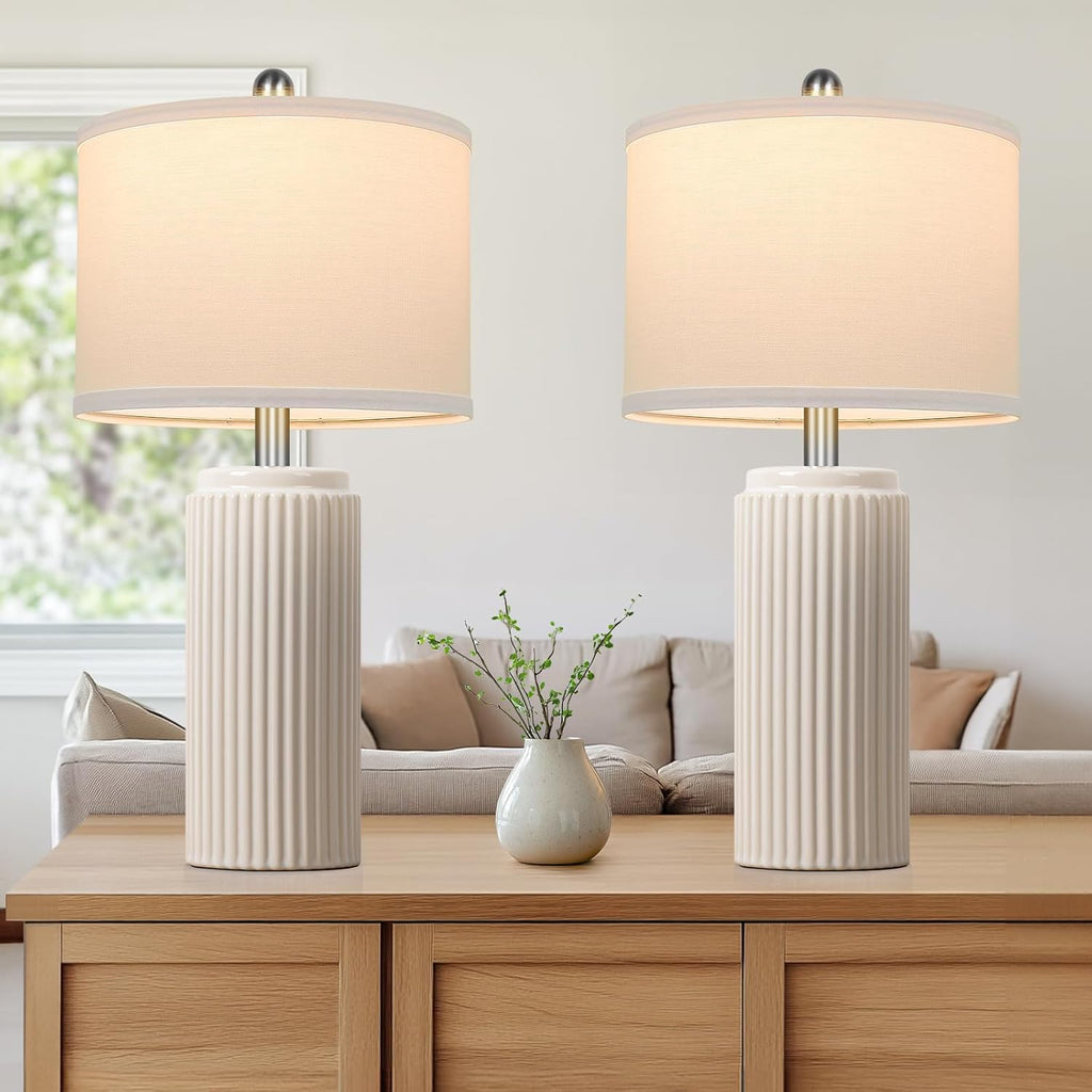 Tobusa 23.5’’ Modern Ceramic Table Lamps Set of 2 for Living Room, Farmhouse Vintage Bedside Table Lamps with White Linen Shade, Rustic Bed…