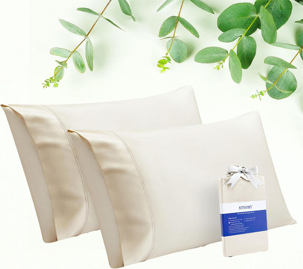 Stnomyhome Eucalyptus Tencel Cooling Pillowcase 2 Pack King Cream | Moisture Wicking for Night Sweats | 3X Faster Drying | Oeko-TEX Certifi…