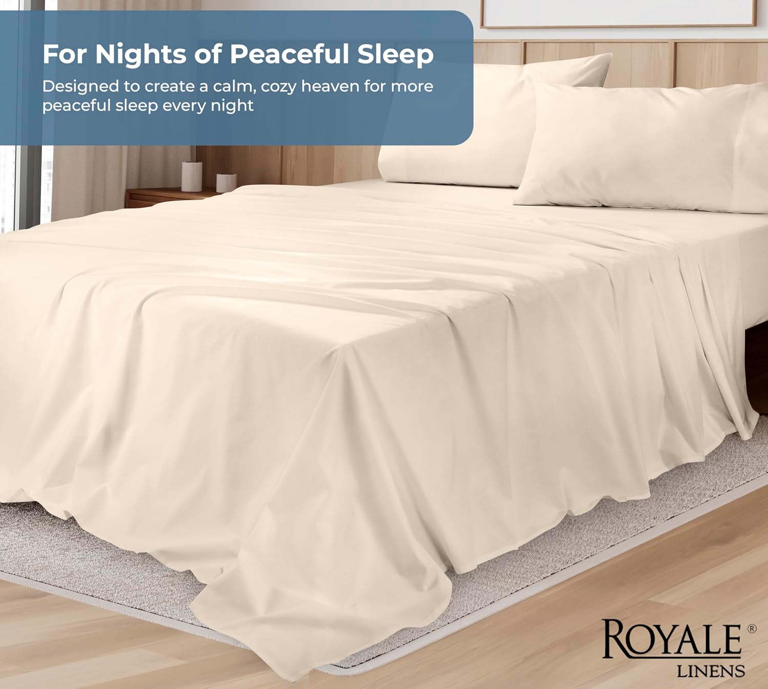 Royalelinens ROYALE LINENS 100% Organic Cotton King Sheet Set - Percale Weave - 4 Pieces Set - 1 Flat, 1 Deep Pocket Fitted Sheet and 2 Pil…
