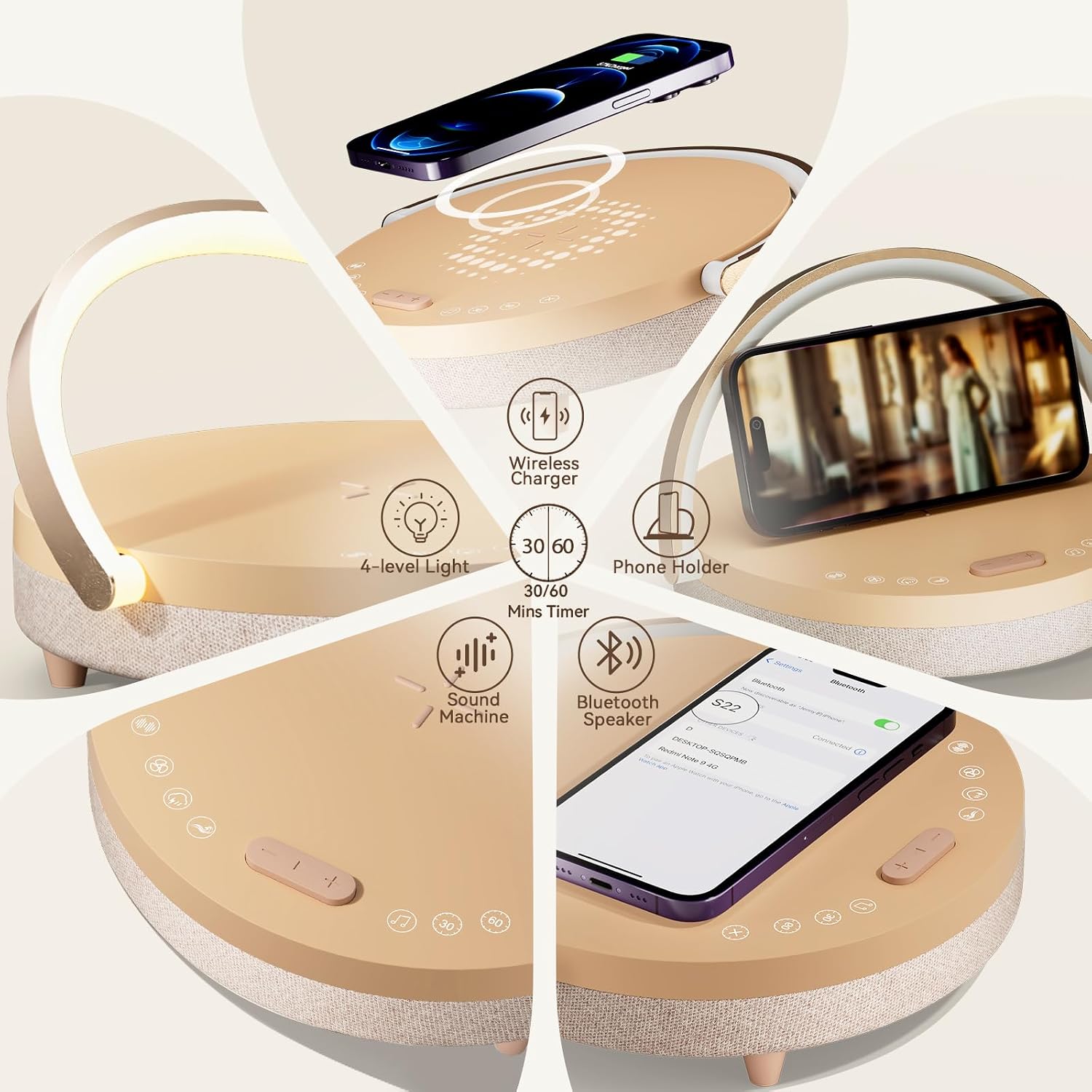 Vivilumens Birthday Gifts for Women 6 in 1 Bedside Lamps with Wireless Charger Bluetooth Speaker White Noise Machine Music Table Lamp…