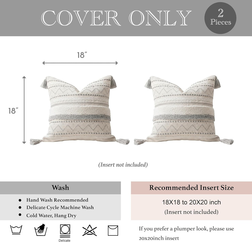 BlissBlush Gray Decorative Throw Pillow Covers 18X18 Combo Set of 2 Square Boho Neutral Grey Accent Pillowcase Tassels Farmhouse Cushion…