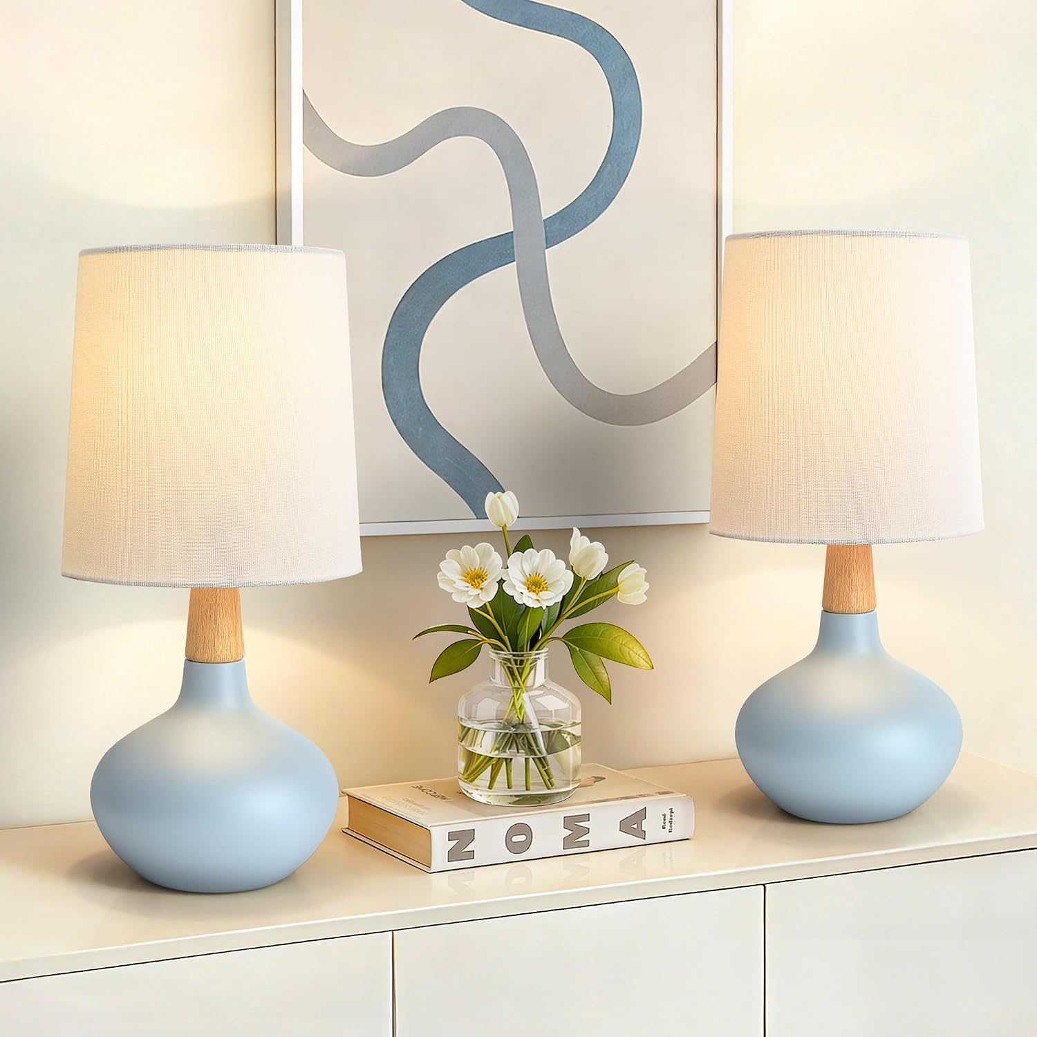 14" Ceramic Table Lamp Set of 2, Small Bedside Lamp with Natural Wood Stem & Linen Shade, Modern Farmhouse Night Lamp for Bedroom Living…