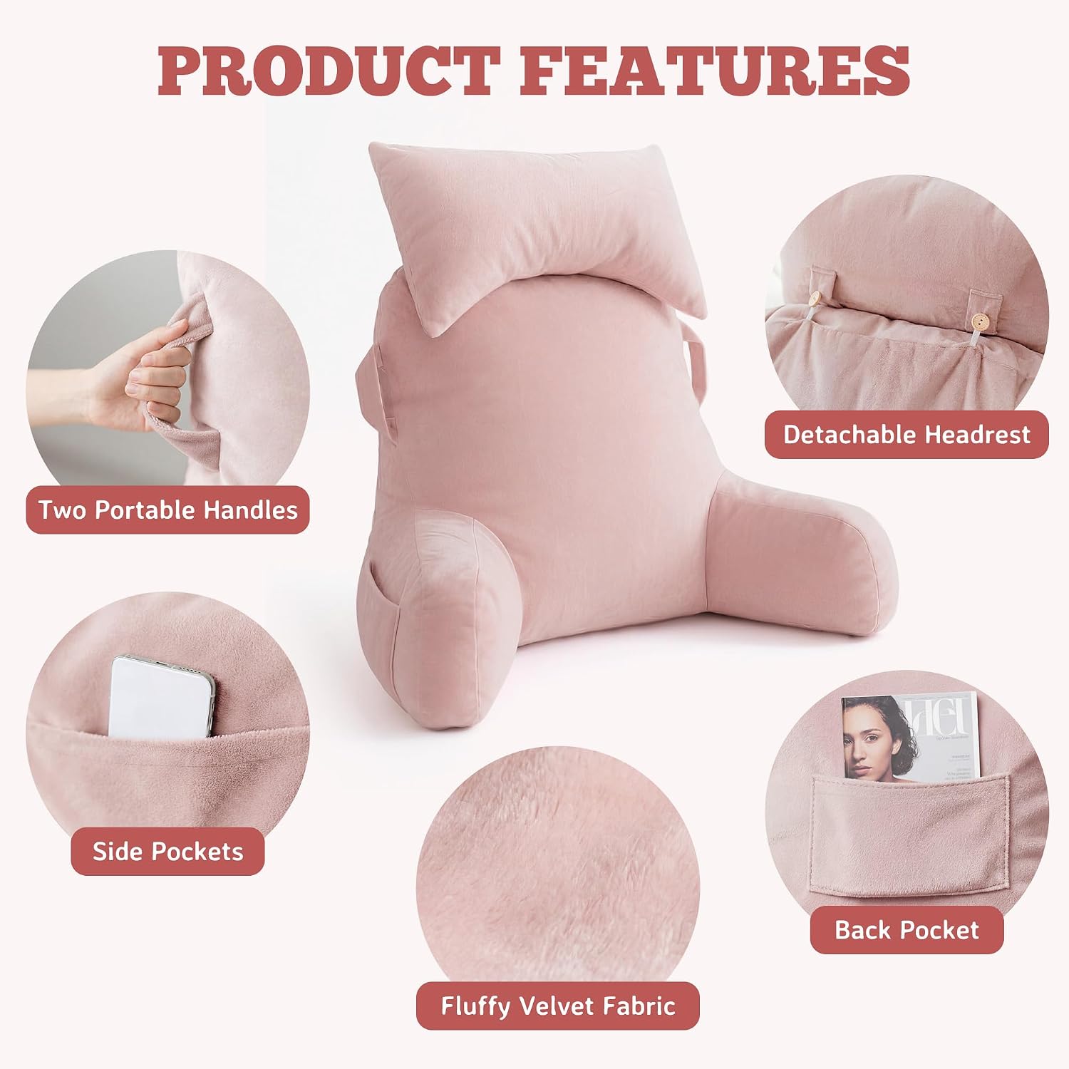 Unisakey Portable Reading Pillows with Headrest for Bed Sitting Up(Pink Oeko-Tex), Velvet Back Pillow with Arms & Pockets for Adults…