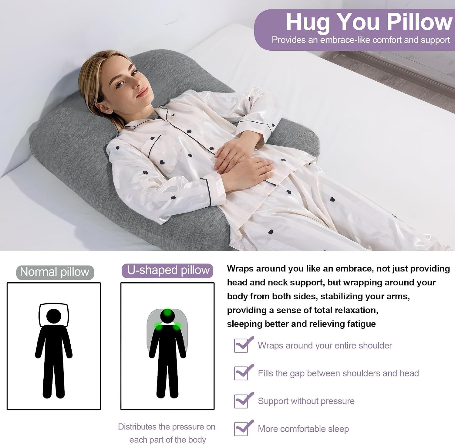 Hombys Cooling U Shaped Pillow for Neck, Contour Shoulder Pillow for Side Sleepers, Ergonomic Body Pillows for Adults, Hug Pillow with Wash…
