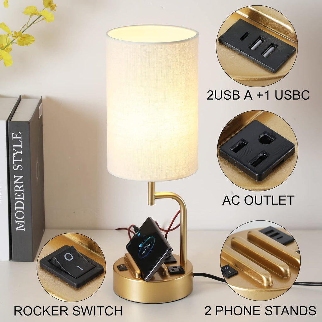 Dreamholder Table Lamp with 3 USB Charging Ports, Modern Desk Lamp with AC Outlet and Phone Stands, Perfect Bedside Lamp for Bedroom…