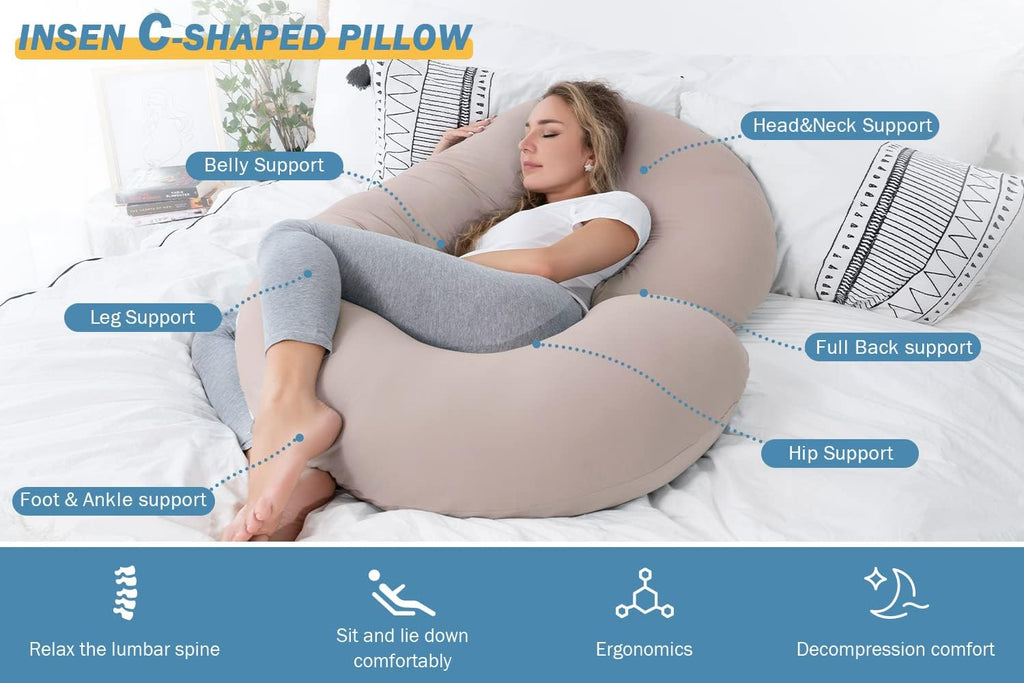 INSEN Pregnancy Pillow Cooling, Maternity Pillow with Soft Cotton Cover, C Shaped for Side Sleeping, Natural Pink