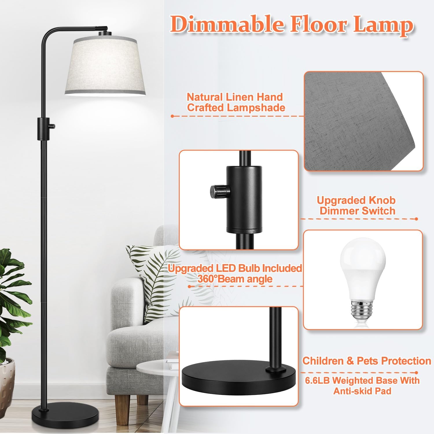 Upgraded】 Dimmable Floor Lamp, 1000 Lumens LED Edison Bulb Included, Arc Floor Lamps for Living Room Modern Standing Lamp with Gray…