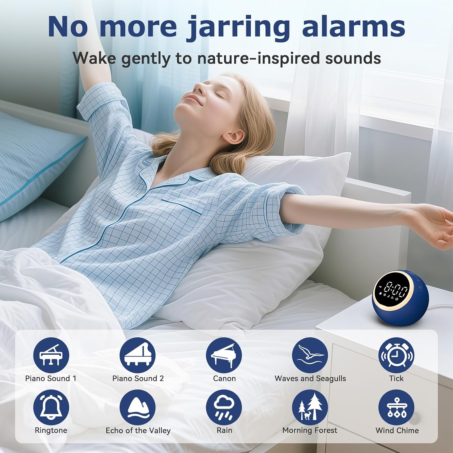 White Noise Sound Machine with Clock: Alarm Clocks, 30 Soothing Sounds, 10 Soft Wake-Up Sounds, 32 Adjustable Volume & Timer, Memory…