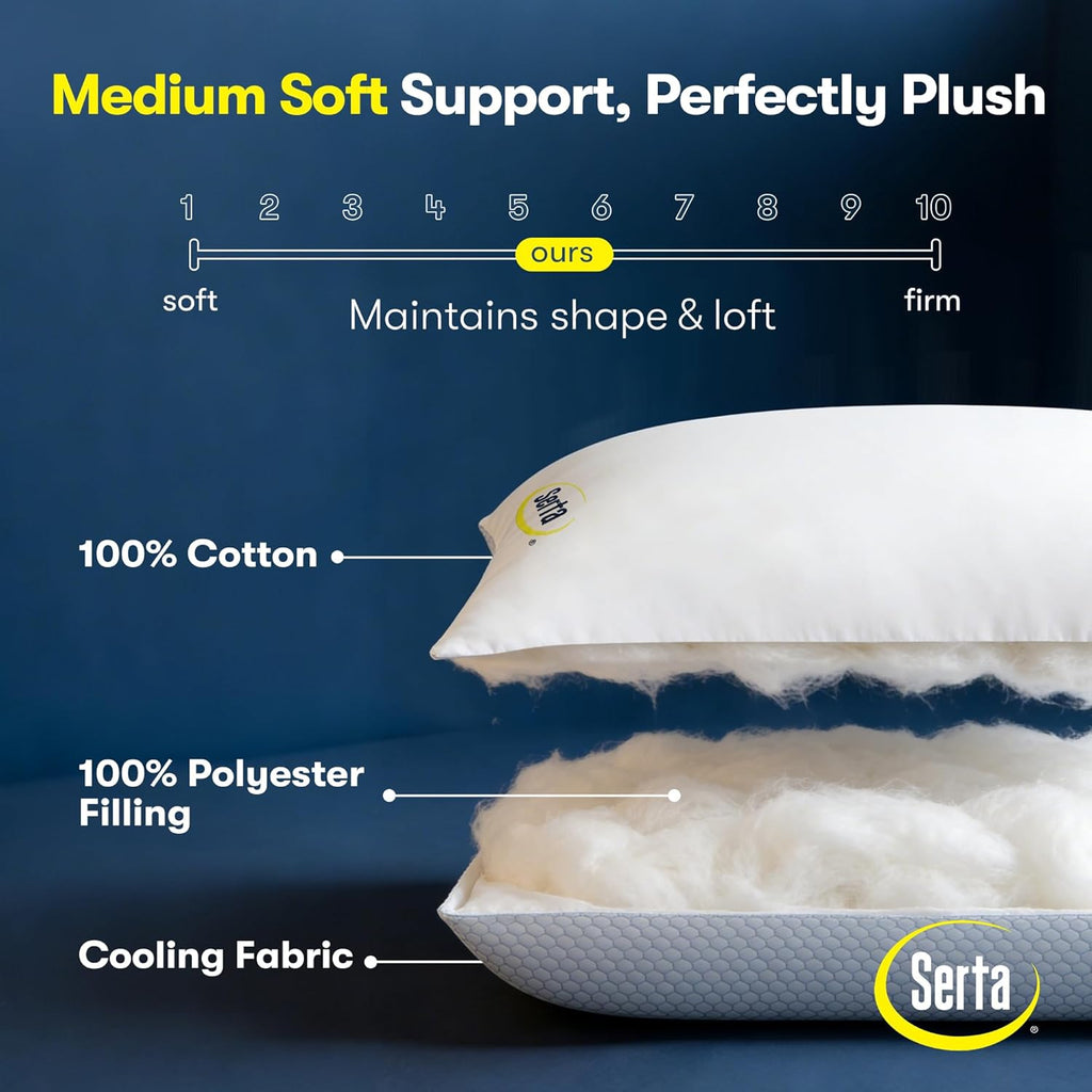 Serta Cooling Down Alternative Bed Pillows Queen Size Set of 2, Reversible Cooling & Cotton Fabric, Medium Firm, Breathable Support for…