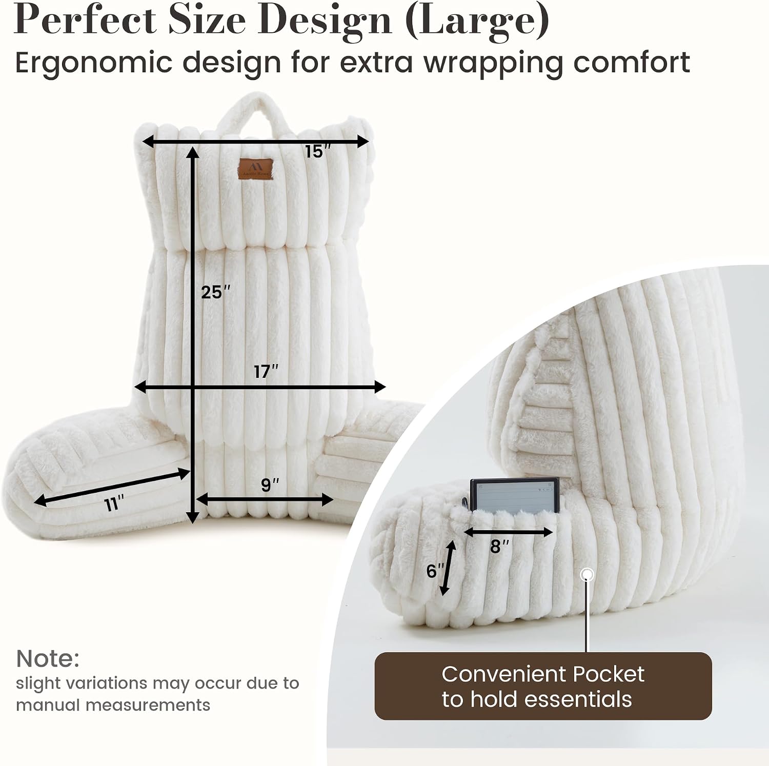 AmélieHome Amélie Home Faux Fur Reading Pillow with Pocket for Sitting in Bed, Adult Backrest Bed Pillow with Washable Cover for Loung…