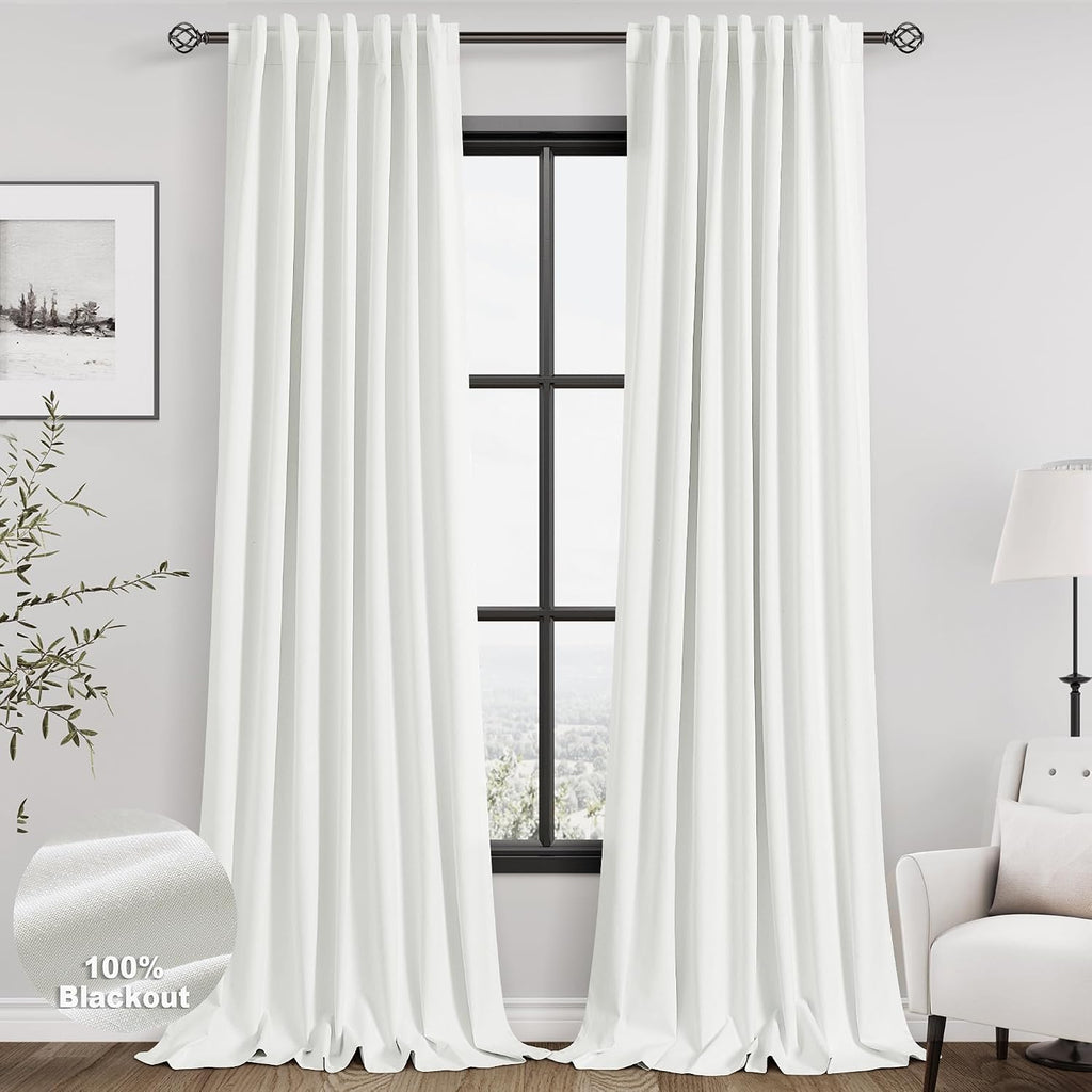 Nanspring Ivory 100% Blackout Linen Curtains 96 Inches Long for Bedroom Back Tab Thermal Insulated Rustic Modern Farmhouse Decor Black Out…