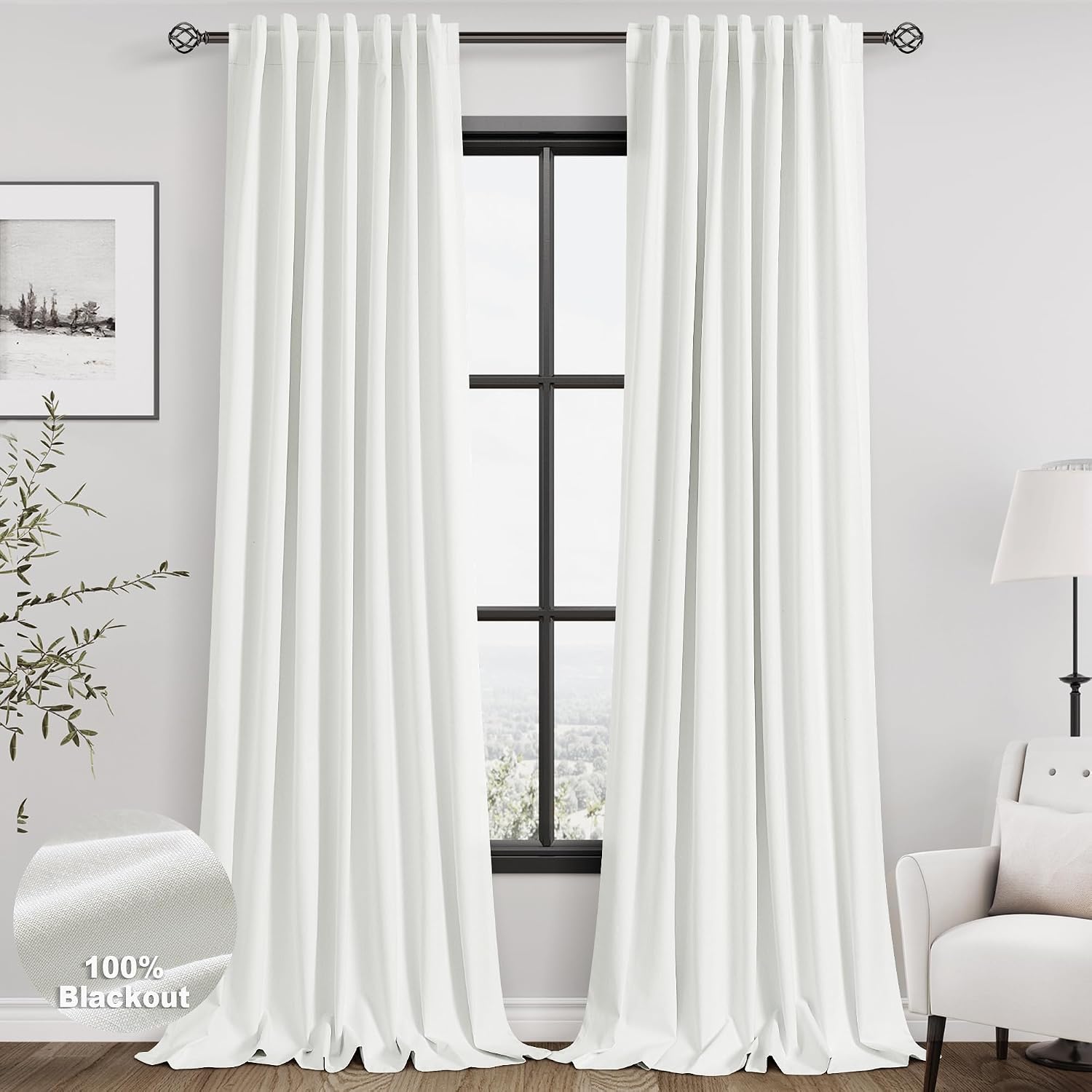 Nanspring Ivory 100% Blackout Linen Curtains 96 Inches Long for Bedroom Back Tab Thermal Insulated Rustic Modern Farmhouse Decor Black Out…