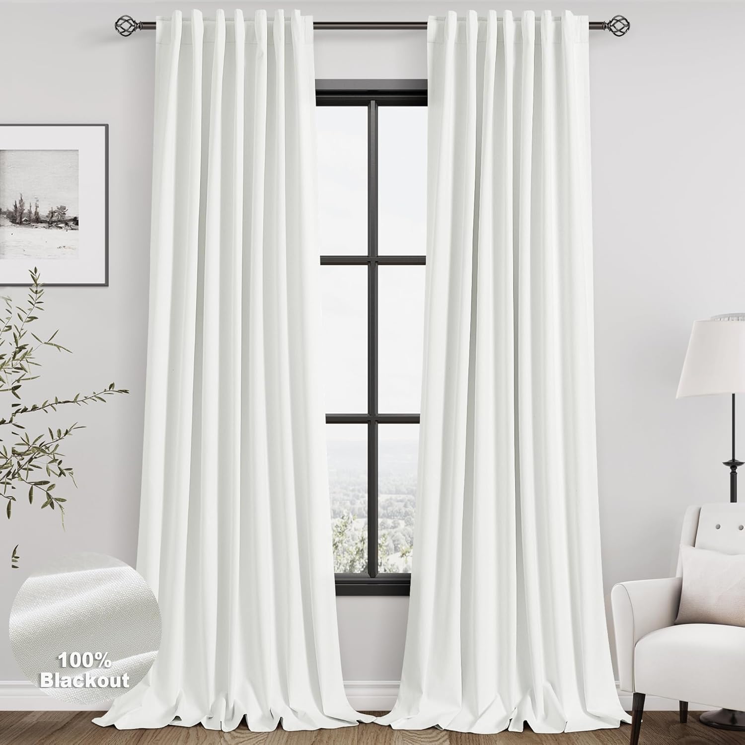 Nanspring Ivory 100% Blackout Linen Curtains for Bedroom 92 Inches Long Back Tab Thermal Insulated Rustic Modern Farmhouse Decor Black Out…