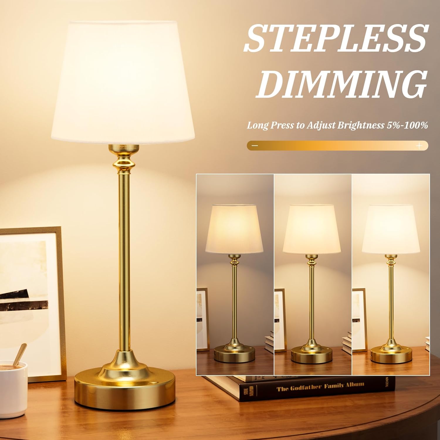 Kakanuo Cordless Table Lamps Rechargeable Set - 2 Pack Gold 4000mAH Battery Operated Lamps for Decor, 3000K Stepless Dimming Touch…