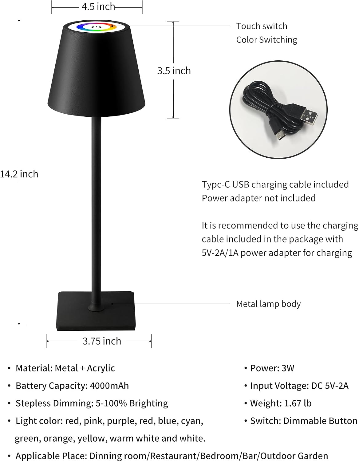 KDG 2 Pack Cordless Table Lamp, RGB Color Stepless Dimming Up, 4000mAh Battery Operated Portable LED Desk Lamp, for Dinning Room…