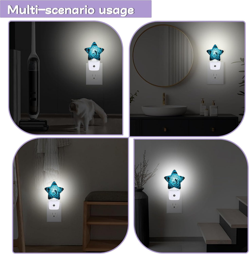 Sharks Swimming Decorative Nightlight Plug in Wall, Deep Blue Sea Star Shaped Night Light with Built in Sensor for Home Decor, Kitchen…