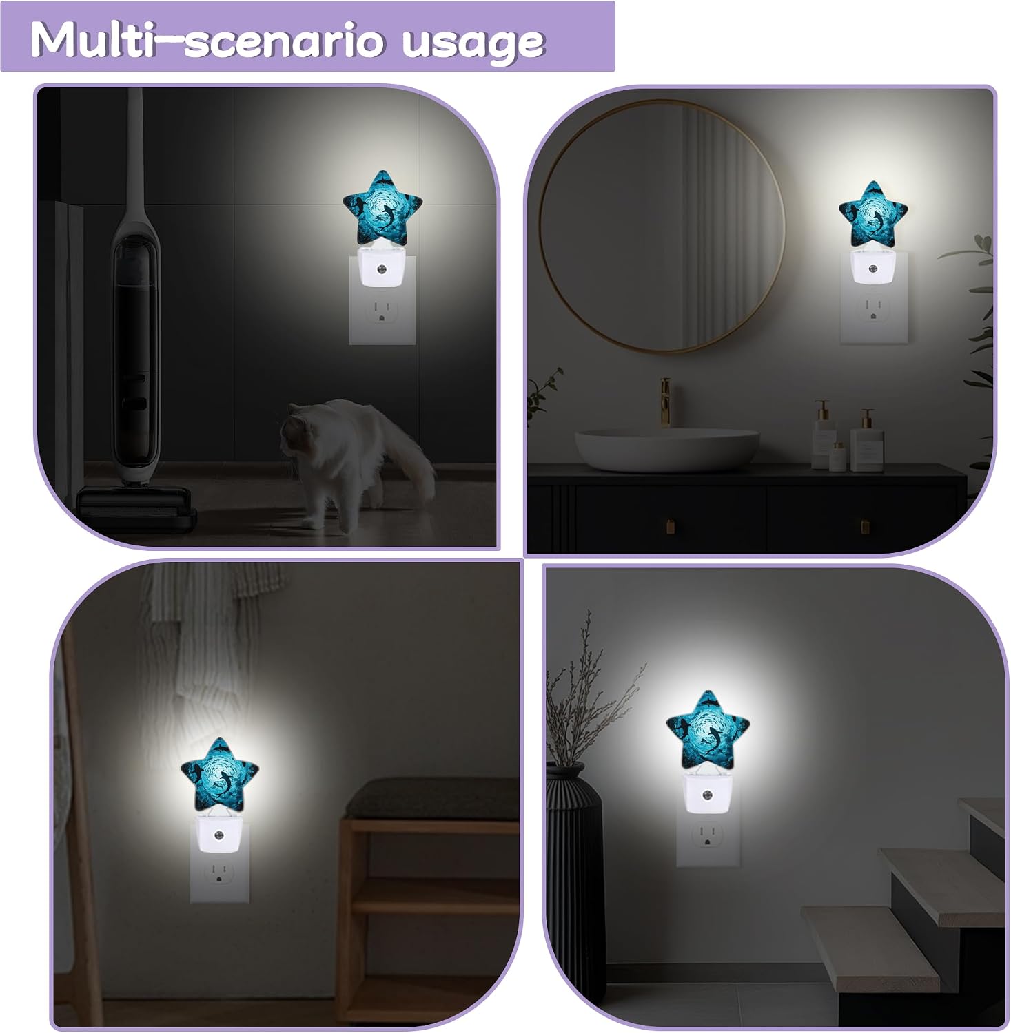 Sharks Swimming Decorative Nightlight Plug in Wall, Deep Blue Sea Star Shaped Night Light with Built in Sensor for Home Decor, Kitchen…