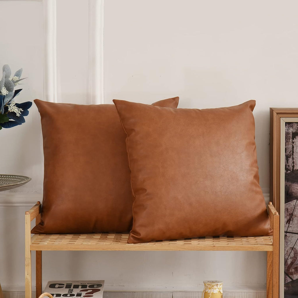 Tosewever Faux Leather Throw Pillow Covers, 18 x 18 inch Set of 2 Luxury Cognac Brown Modern Pillowcases Solid Decorative Square Cushion Ca…