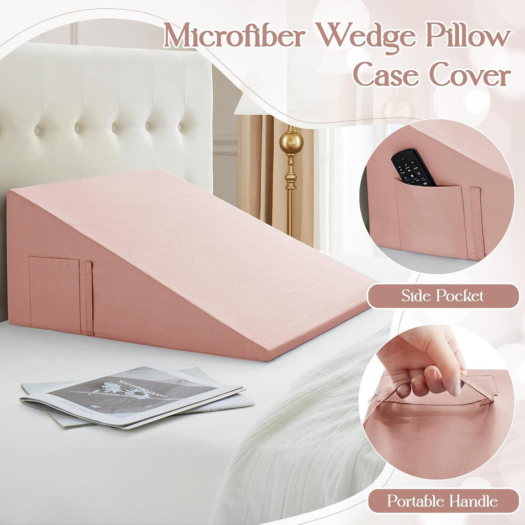 Cotton Wedge Pillow Cover for 24" x 24" x 10" Wedge Bed Pillow, Zippered Wedge Pillow Case Protector with Side Pocket, Dusty Pink (Pillow…