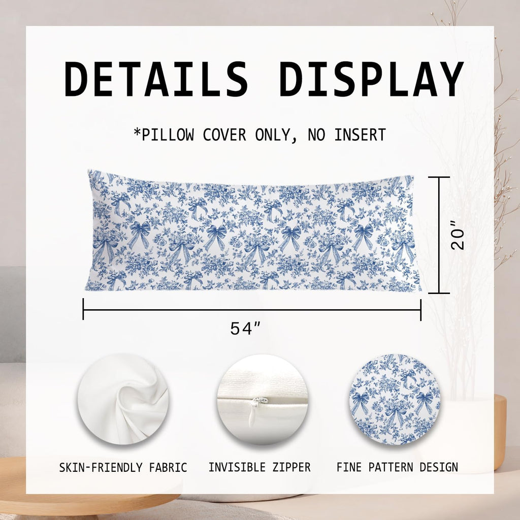 Blue and White Chinoiserie Bow Floral 20x54 Body Pillow Cover, Coquette Room Decor Decor, Vintage French Country Grandmillennial…