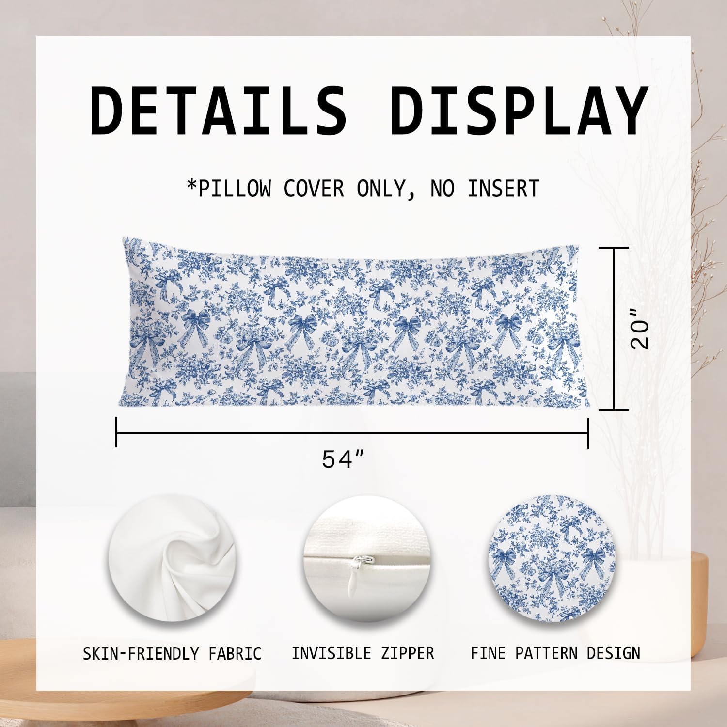 Blue and White Chinoiserie Bow Floral 20x54 Body Pillow Cover, Coquette Room Decor Decor, Vintage French Country Grandmillennial…