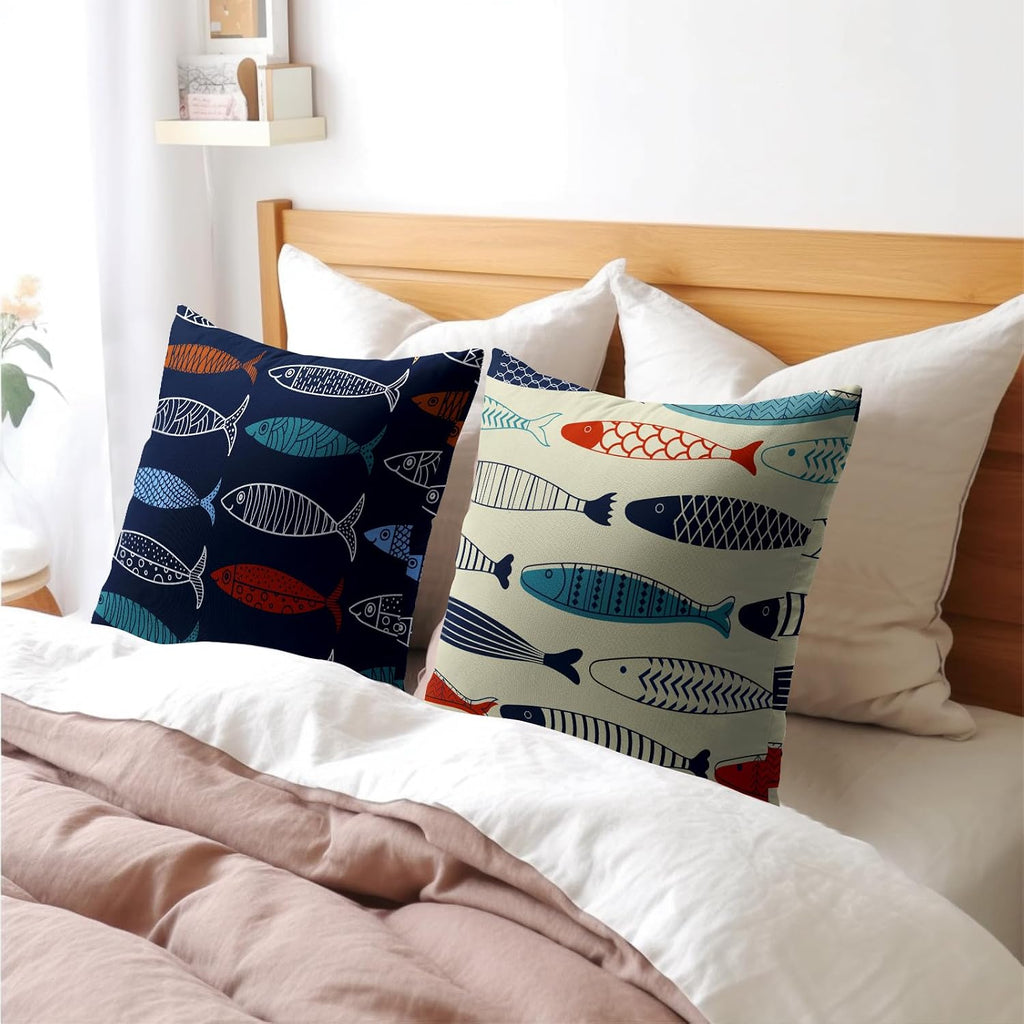 Fish Throw Pillow Covers Decorative Cotton Linen Pillowcases 22x22 inch Colorful Fish Pillow Case Set of 2 Nautical Theme Square Cushion…