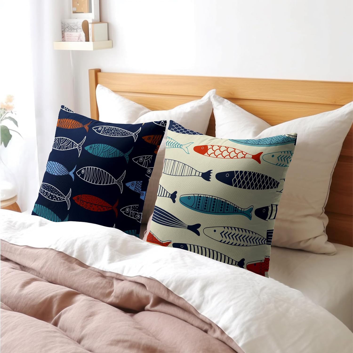 Fish Throw Pillow Covers Decorative Cotton Linen Pillowcases 24x24 inch Colorful Fish Pillow Case Set of 2 Nautical Theme Square Cushion…