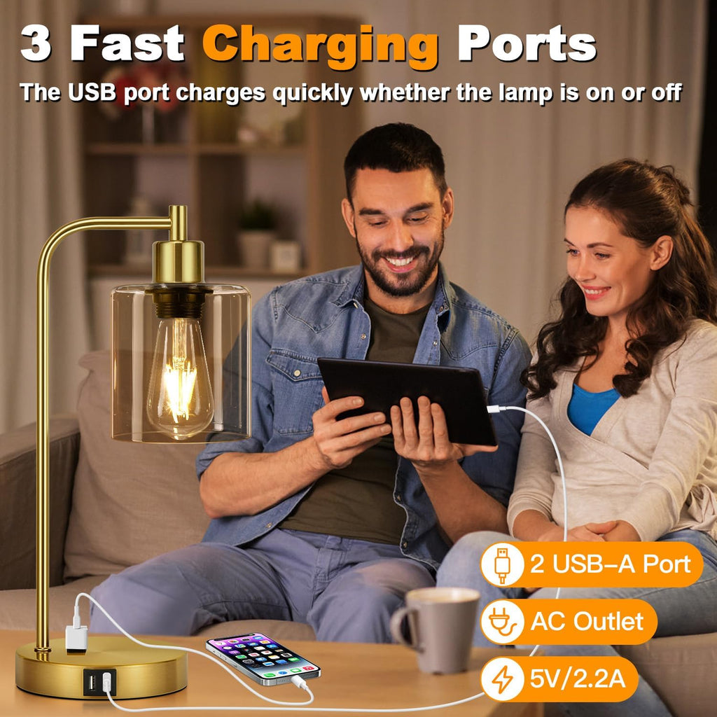 Set of 2 Industrial Touch Control Table Lamps with 2 USB Ports and AC Outlet - 3-Way Dimmable Gold Bedside Lamp Nightstand Desk Lamps for…