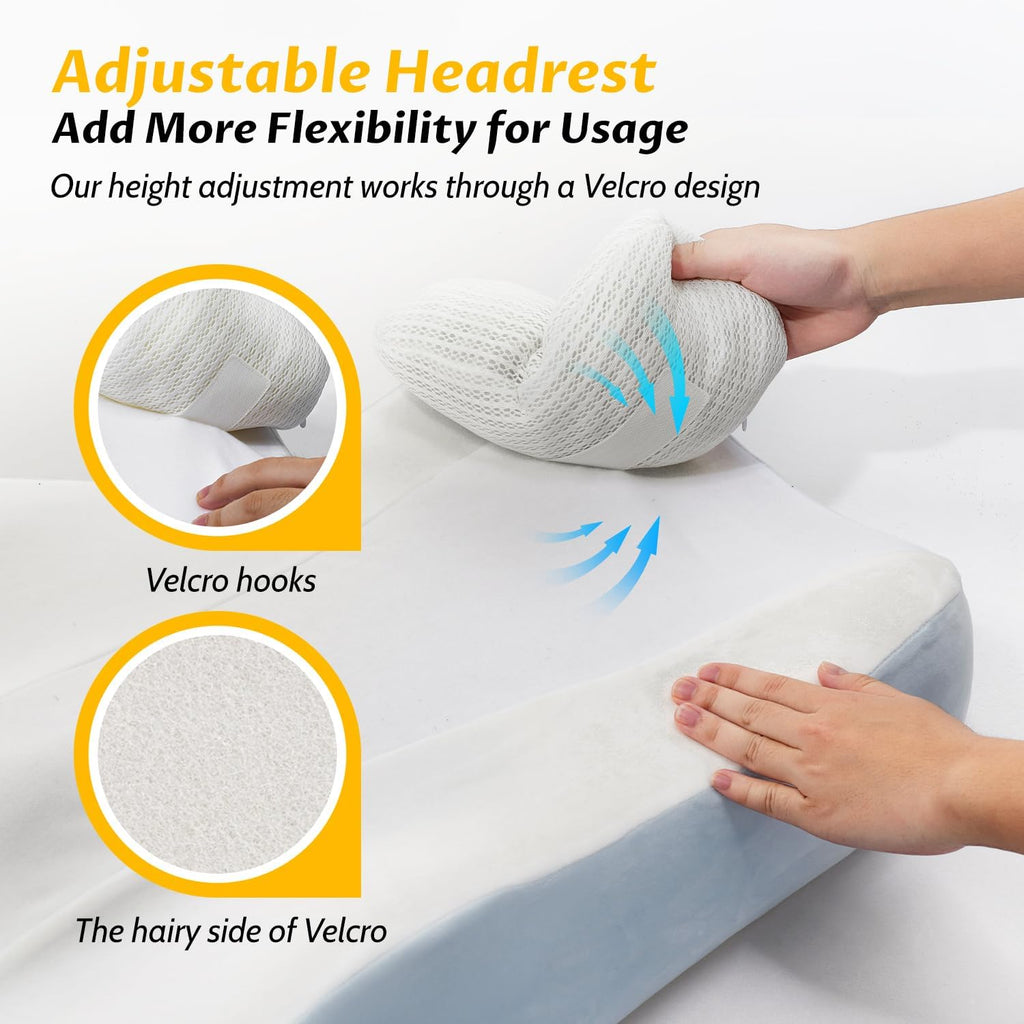 Ergonomic S Curve Reading Pillow for Sitting in Bed Adult- Back Pillow for Bed Sitting up with Adjustable Headrest- Memory Foam White, Blue