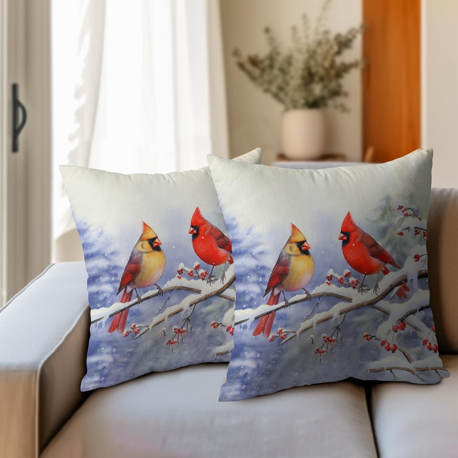 Granbey Cardinal Birds Throw Pillow Cover Winter Sweet Bird Pillowcase 22x22 Inch Set of 2 Christmas Holiday Cushion Covers for Home Patio…