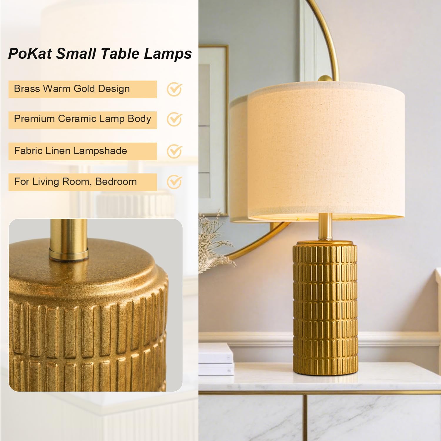 PoKat 20.75" Brass Gold Ceramic Table Lamps Set of 2 for Living Room, Small Retro Bedside Lamps for Bedroom, Nightstand Lamps for Home…