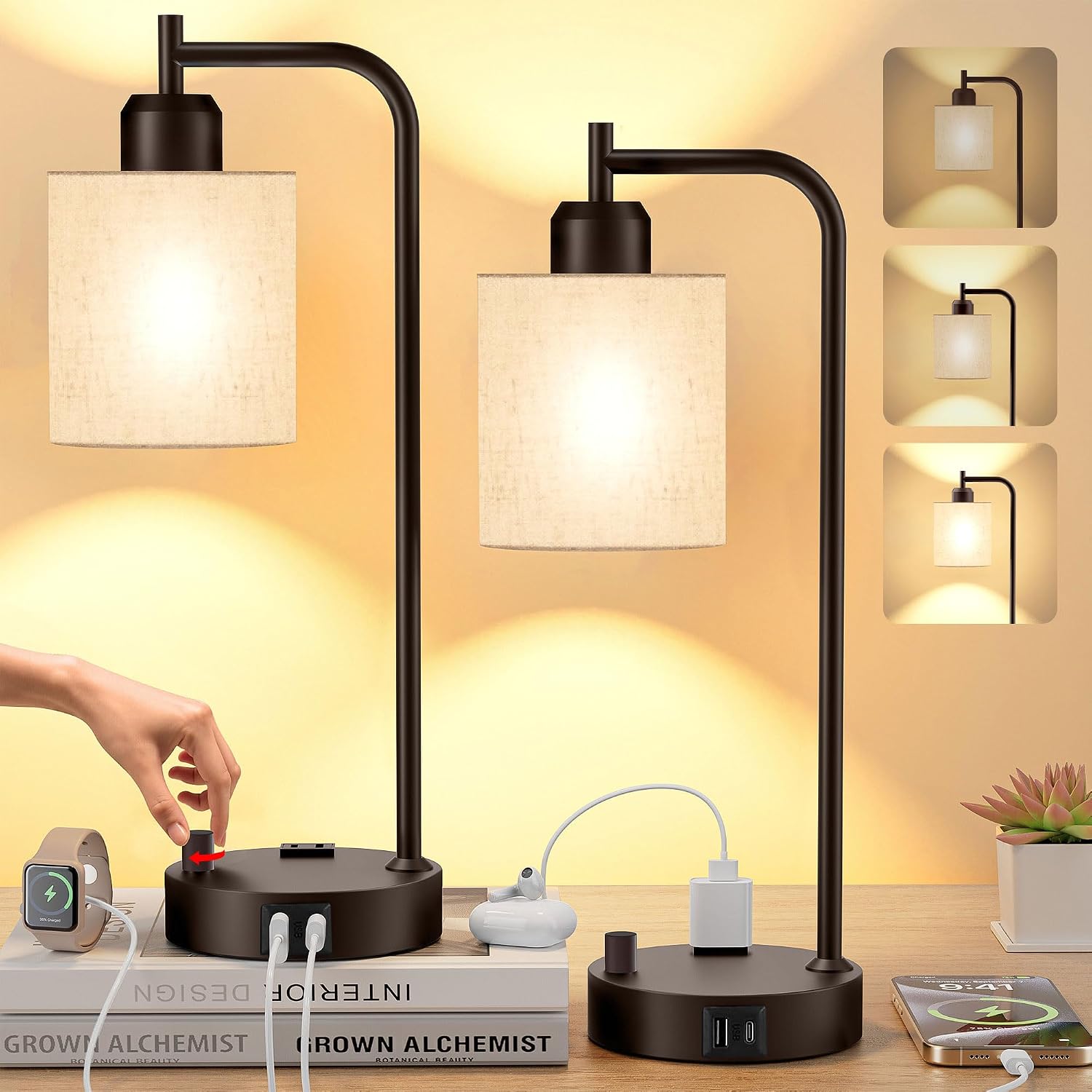 SIBRILLE Industrial Table Lamps with Linen Shade, Set of 2 Fully Dimmable Bedside Lamps with USB A+C Ports and Outlet, Brown Nightstand…