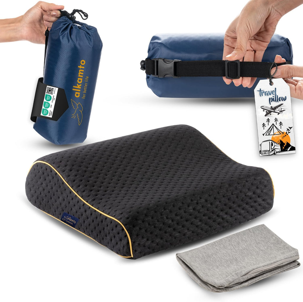 alkamto Travel & Camping Comfortable Memory Foam Pillow – Easy to Carry Portable Bag – Temperature Regulating Pillow Case (Black Contour…