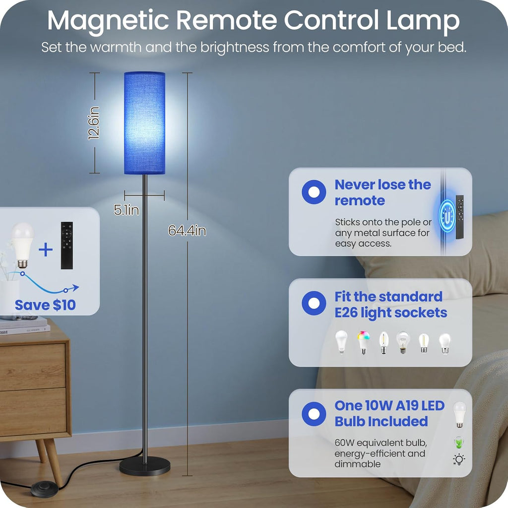 Dimmable Blue Floor Lamp for Living Room with Remote and Foot Switch, Corner Floor Lamp for Bedroom, 64.4" Standing Tall Lamp, 10W 900LM…