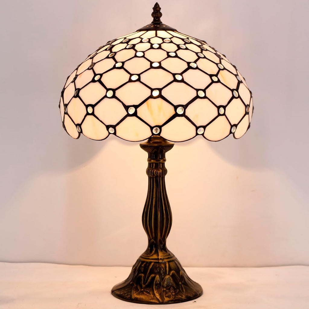 WERFACTORY Tiffany Lamp Cream Amber Stained Glass Bead Table Lamp Desk Bedside Reading Light 12X12X18 Inches Deco Bedroom Living Room…